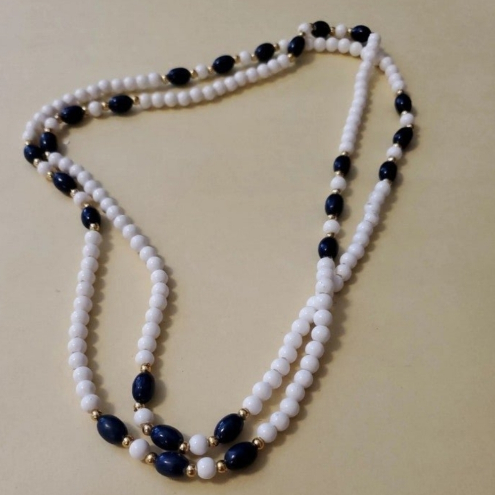 Vintage Navy, White & Gold Bead Necklace